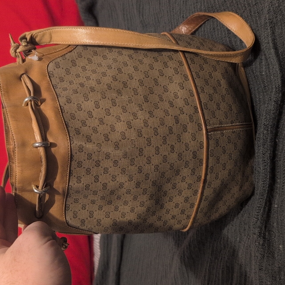 Authentic Gucci Tan Monogram Drawstring Shoulder … - image 3